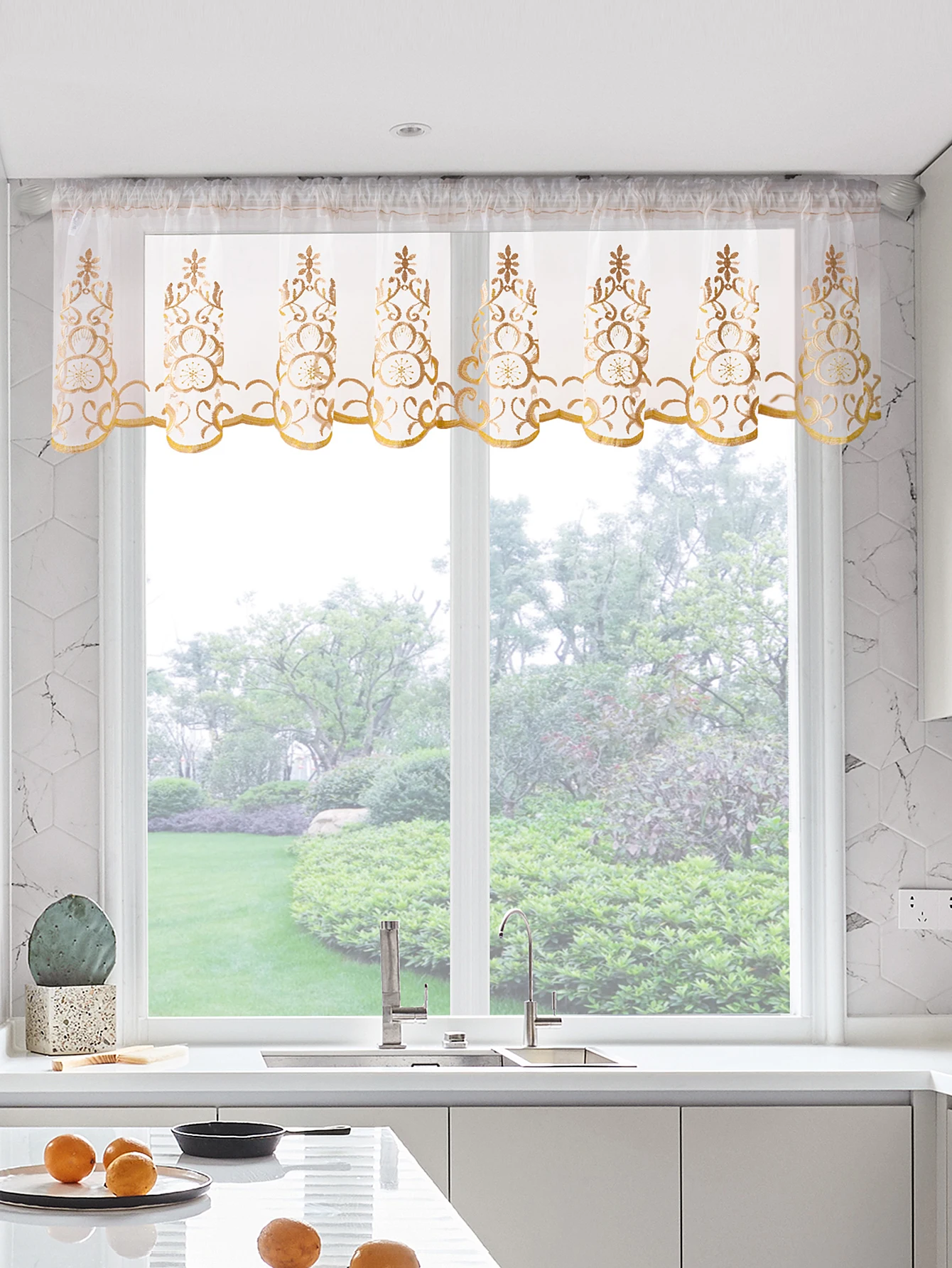 1 PC Embroidery Sheer Valance，Sweet and Cute Style Window and Cabient Short Curtain Decor，Rod Pocket  Half Sheer Kitchen Curtain