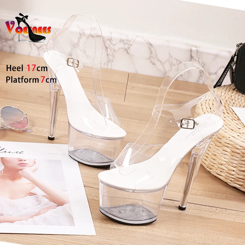 Ankle Buckle Strap Transparent Sandals Woman Platform 17CM Super High Heels Clear PVC Summer Plus Size Women Pole Dance Shoes