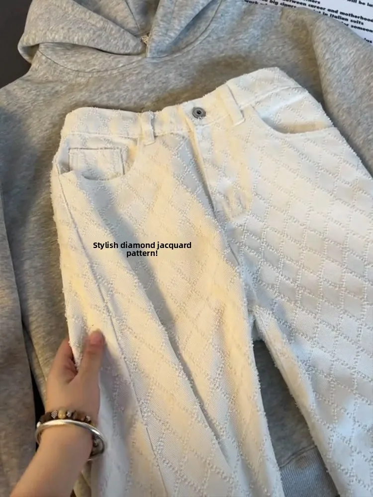 Cleanfit White Diamond Patterned Men's Jeans Trendy High Waist Straight Leg Micro Flared Pants Casual Denim Jeans for Teens