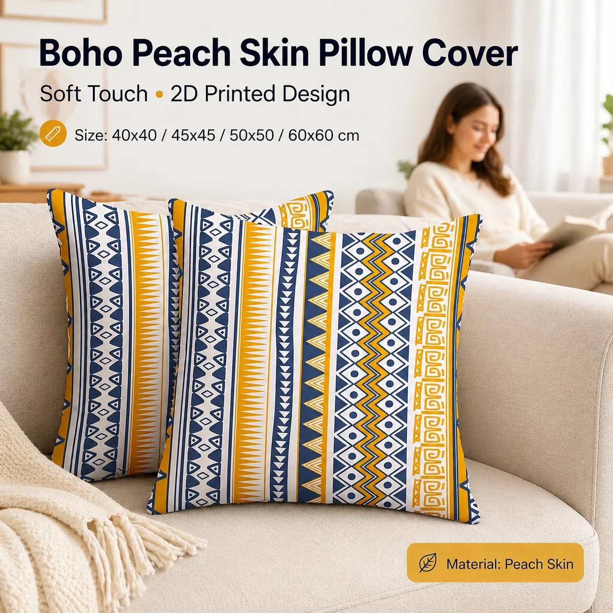 

2D Flat Printed Boho Geometric Peach Skin Pillow Cover Soft Tribal Striped Cushion Cover for Couch Living Room Decor 45x45 50x50