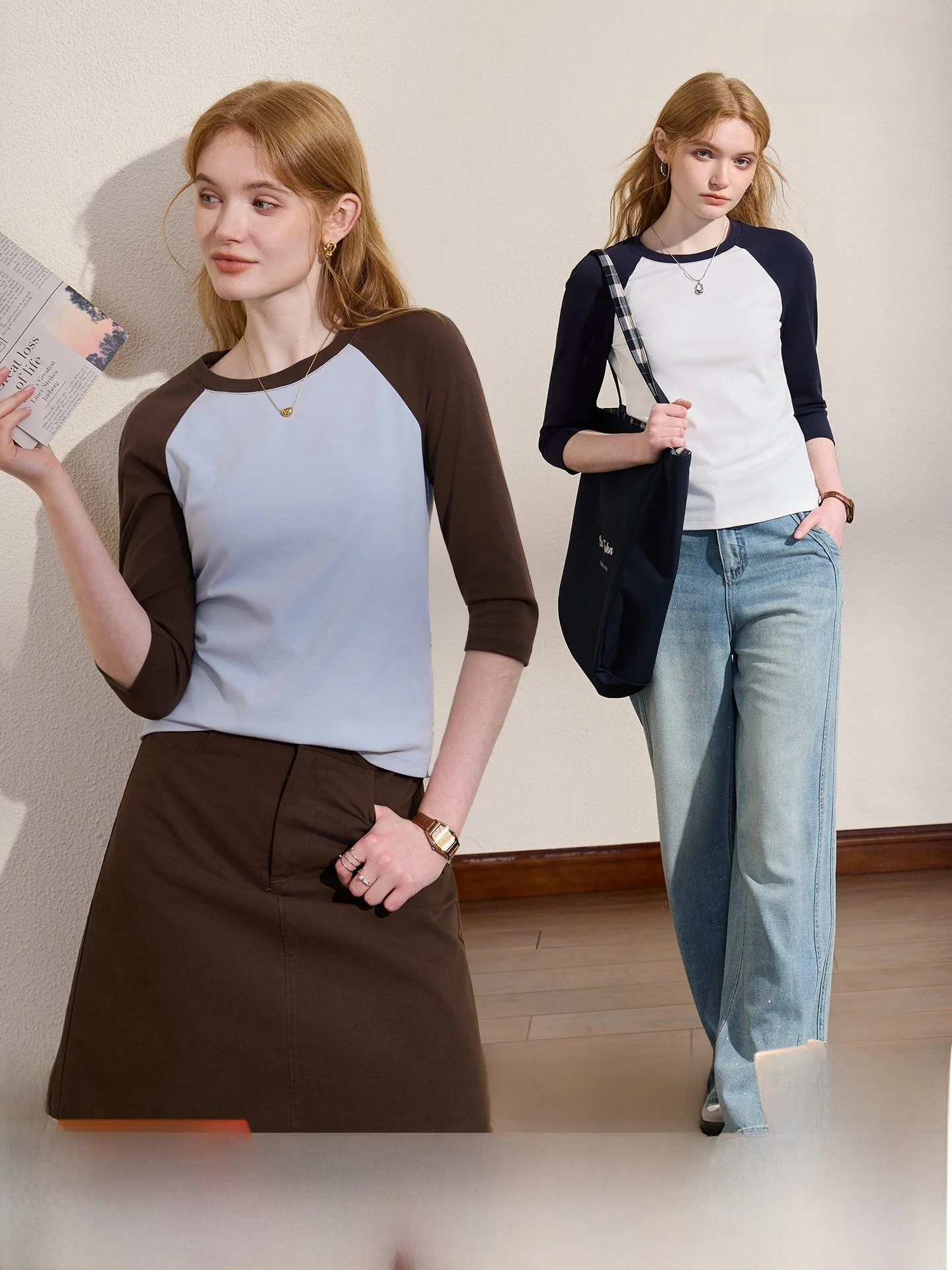 Comfortable Cotton T-Shirt Women's Fashion Commute Style round Neck Short Sleeve Splice Shoulder Design Slimming Effect