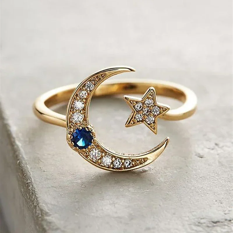 Newly Star and Moon Design Opening Rings for Women White/Blue Cubic Zirconia Exquisite Girls Accessories Trendy Jewelry