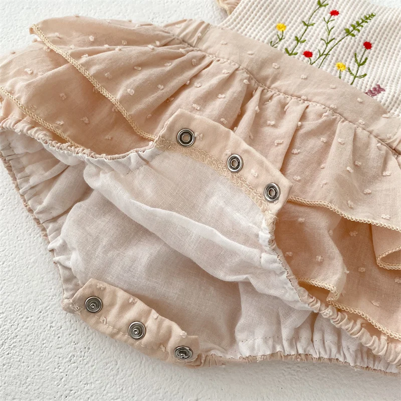 Rüschen Spitze Baby Mädchen Strampler Kleid Sommer Vintage Floral Säugling Stickerei Overall für Kleinkind Mädchen Einteilige Kleidung 0-24M