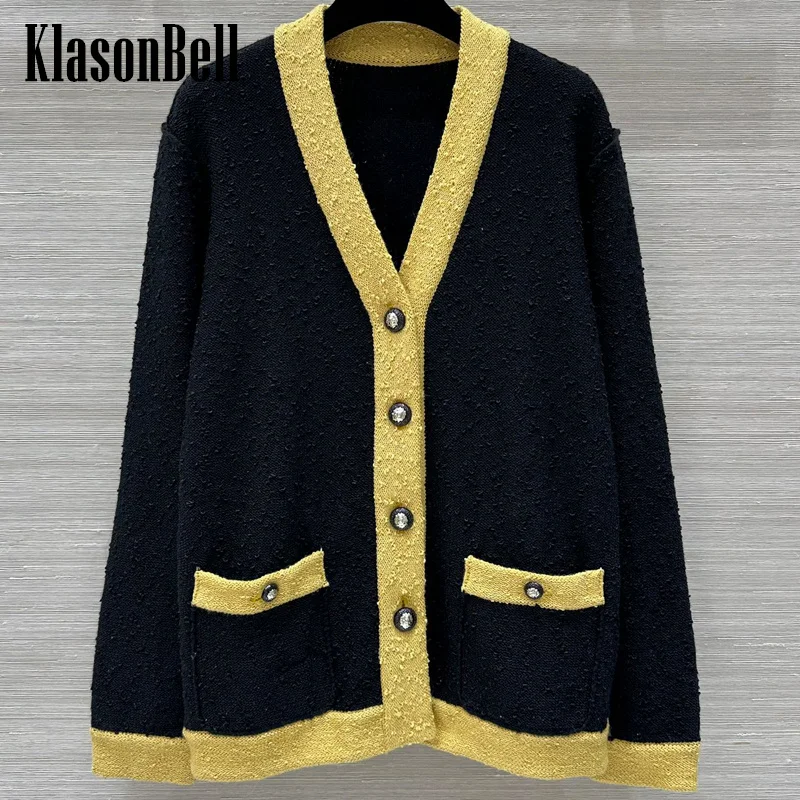 

9.26 KlasonBell Women Vintage Contrast Color V-Neck Diamonds Button Knit Cardigan Classic Double Pocket Design Loose Coat