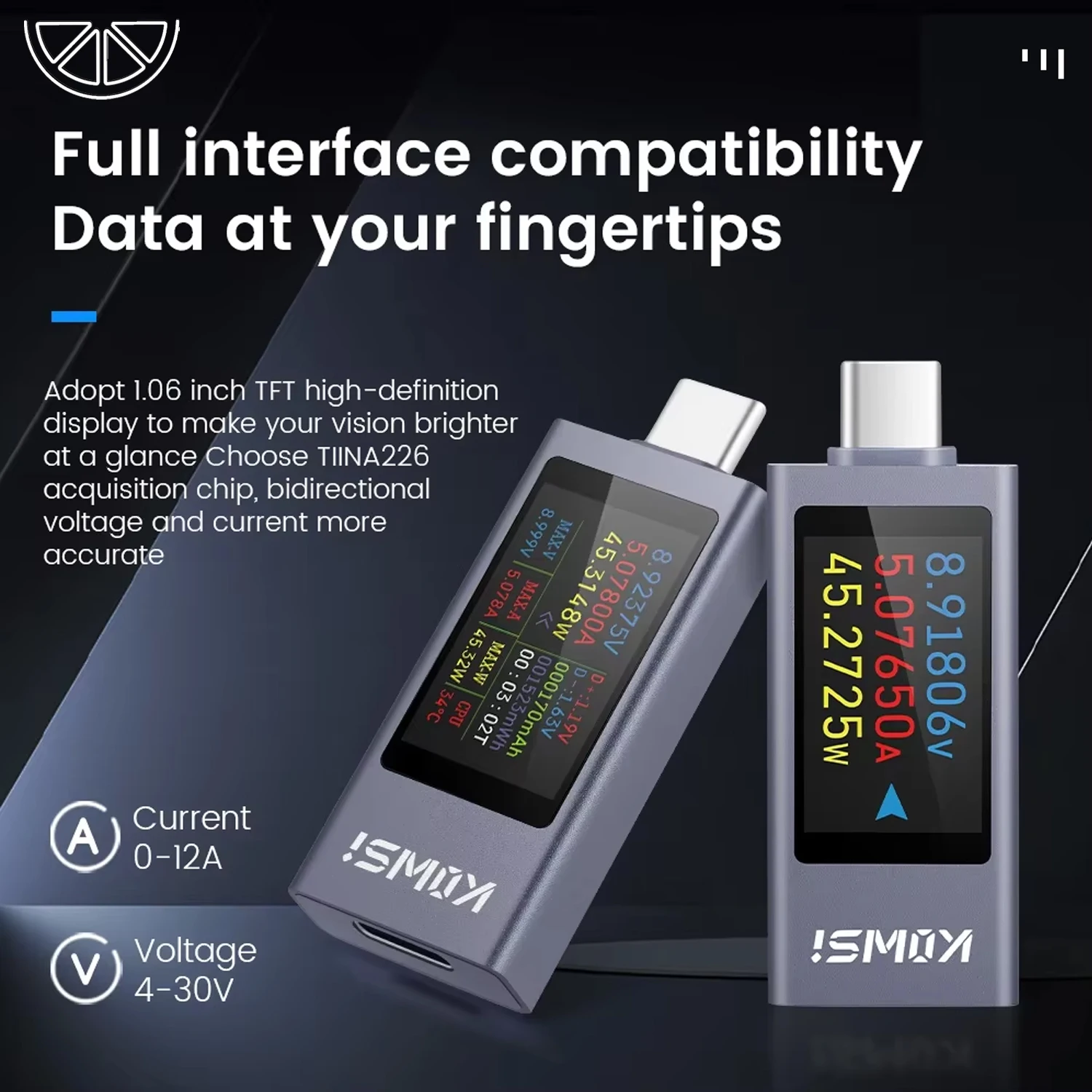 KWS-2303C Type-C Current Voltage Capacity Phone USB Tester DC 4-30V 0-12A Power Meter Tester PD Mobile Power Detector Test