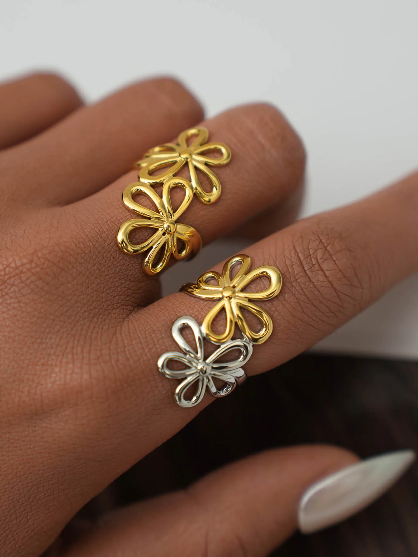 Irregular Flower Geometric Hollow Adjustable Open Rings For Women Stainless Steel Metal Trendy Charm Jewelry Accessories Gift - Image 3