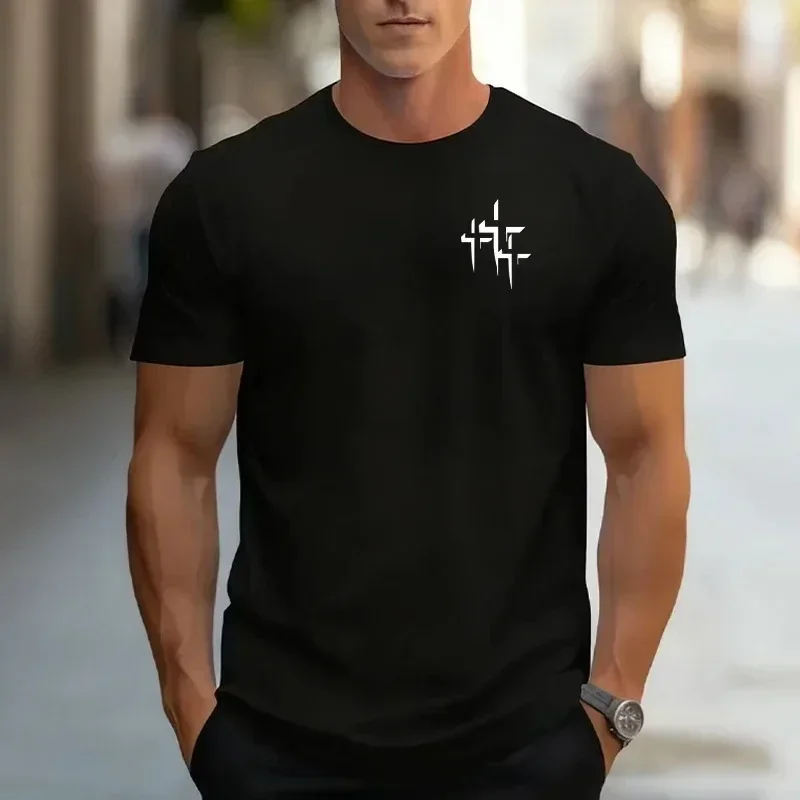 Summer Male Daily Casual Fashion Cross Print Tees 2026 New Arrival Men's T-shirt Black White Pure Color Short Sleeve Tops