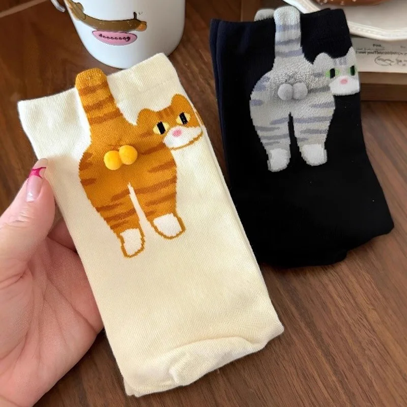 하라주쿠 귀여운 고양이 볼 양말 따뜻하고 통기성 좋은 부드러운 면 양말 재미있는 중간 길이 튜브 양말 여성 스포츠 양말 소녀 선물