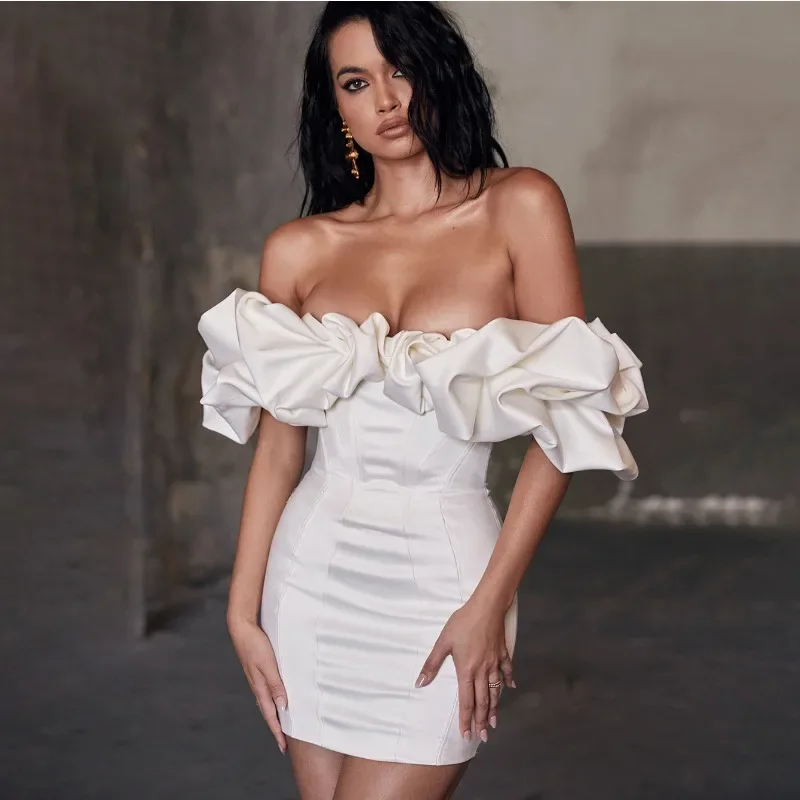 Elegant Fashion 2024 Off Shoulder High Waist Ruffle Evening Gala Graduation Bodycon Dress Prom Sexy Women Corset Party Dress