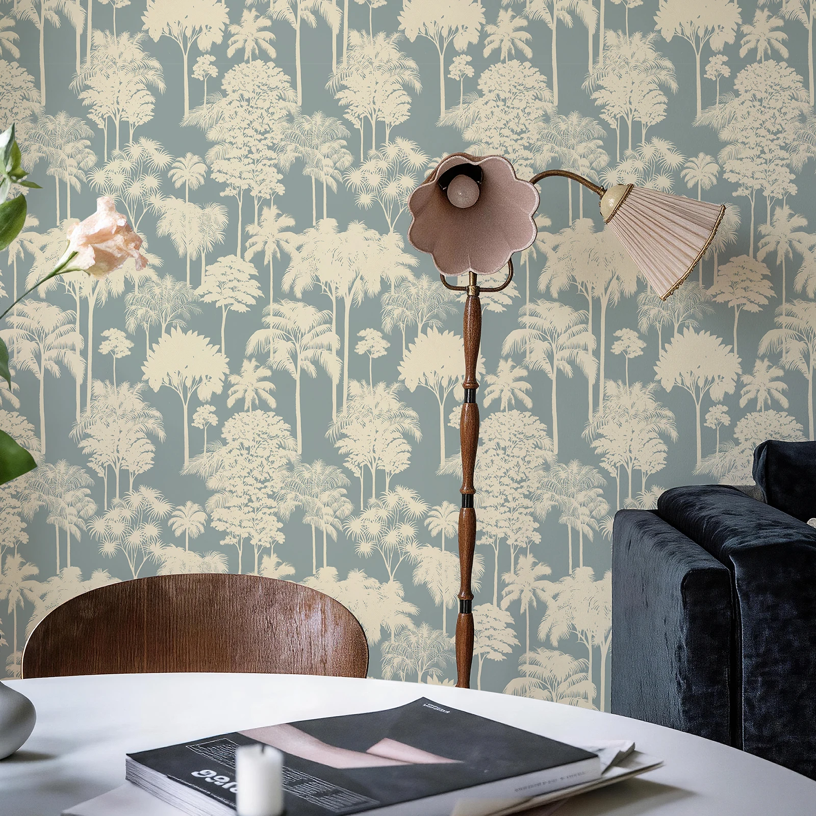 elf Adhesive Vintage Tropical Jungle Wallpaper Mural, Dusty Blue White Palm Tree Forest Peel and Stick Wallpape