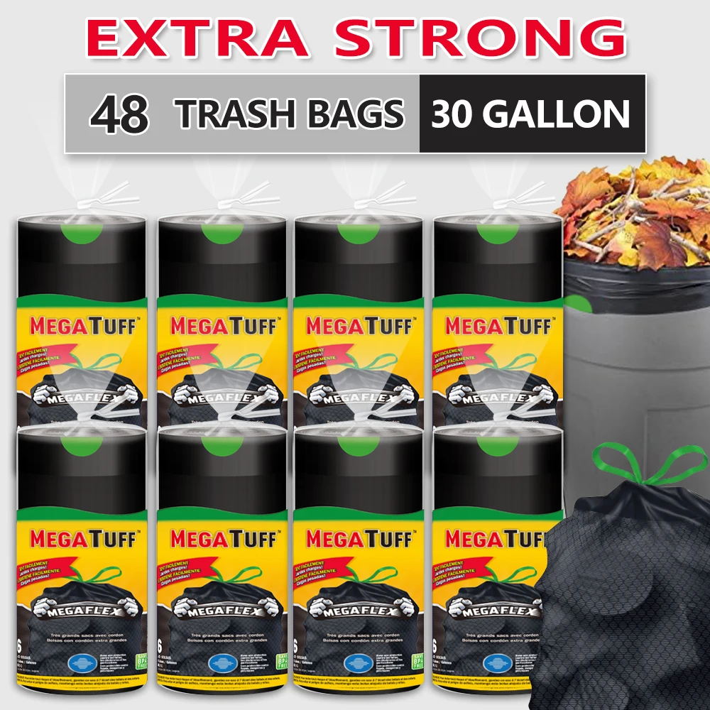 

Xtratuff Large Drawstring Trash Bags for Lawn Leaf 30 Gallon Black Garbage Bags 48 Count Trash Bag for Construction Industrial