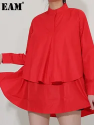 [EAM] Women Red Irregular Double Layers Big Size Blouse New Lapel Long Sleeve Loose Shirt Fashion Spring Autumn 2024 C006113