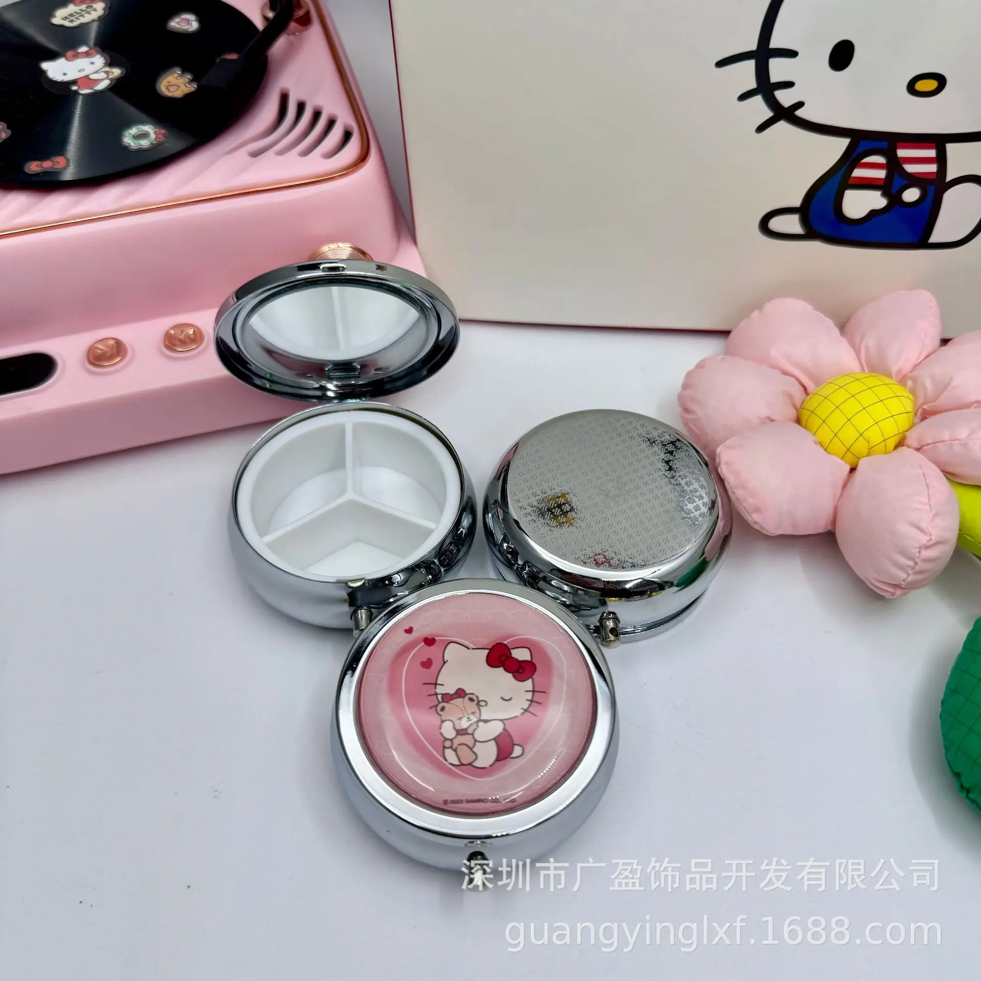 New Miniso Hello Kitty Storage Box Travel Portability Food Grade Material Pill Box Cartoon Desktop Jewelry Box Cosmetic Mirror