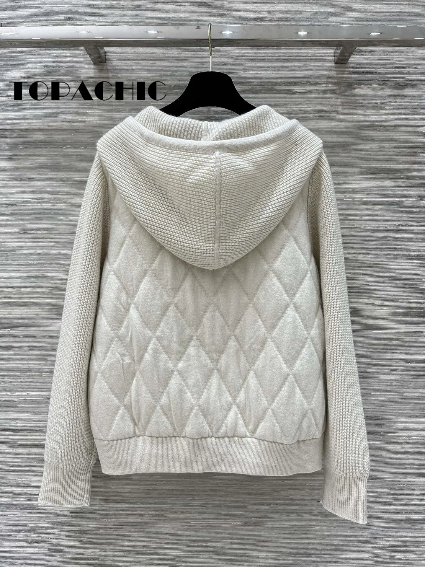 8.22 TOPACHIC Women Quilted Argyle Plaid Cashmere Hooded Jacket Fashion Casual Lace-up Long Sleeve Double Zipper Loose Outerwear