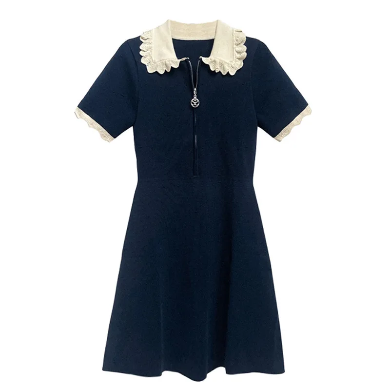 

Contrast Color Doll Collar Knitted Dress with Short Sleeve Waist A-line Zipper Skirt SA2025 Summer New Style Clothes for Women