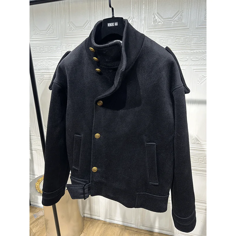 MiiiiX England Style Black Woolen Jacket Stand Collar Thicken Quilted Coat Casual Loose Outerwear 2024 Autumn Women's Clothes