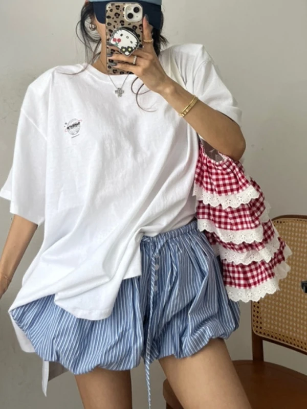 ファッショナブルなストライプランタンパンツ女性の夏の新しいスタイルカジュアルパンツ小さいサイズエレガントな若々しい弓の花ショートパンツ