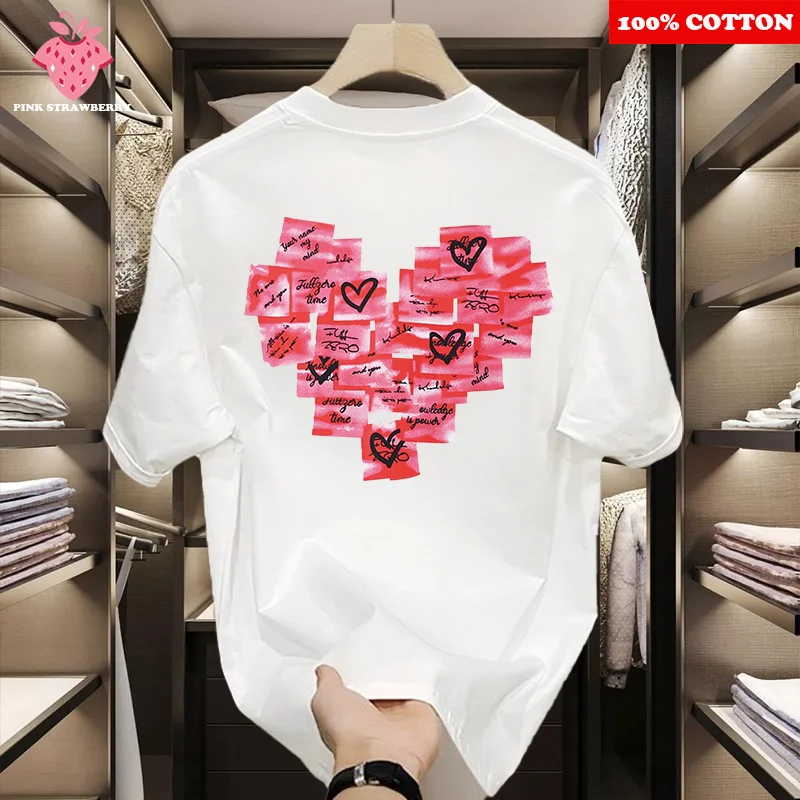 

American Style Love heart T-shirt Men Women Summer 2025 New 100% Cotton Couple Short sleeves Loose Tee Y2k Tops Youth clothing