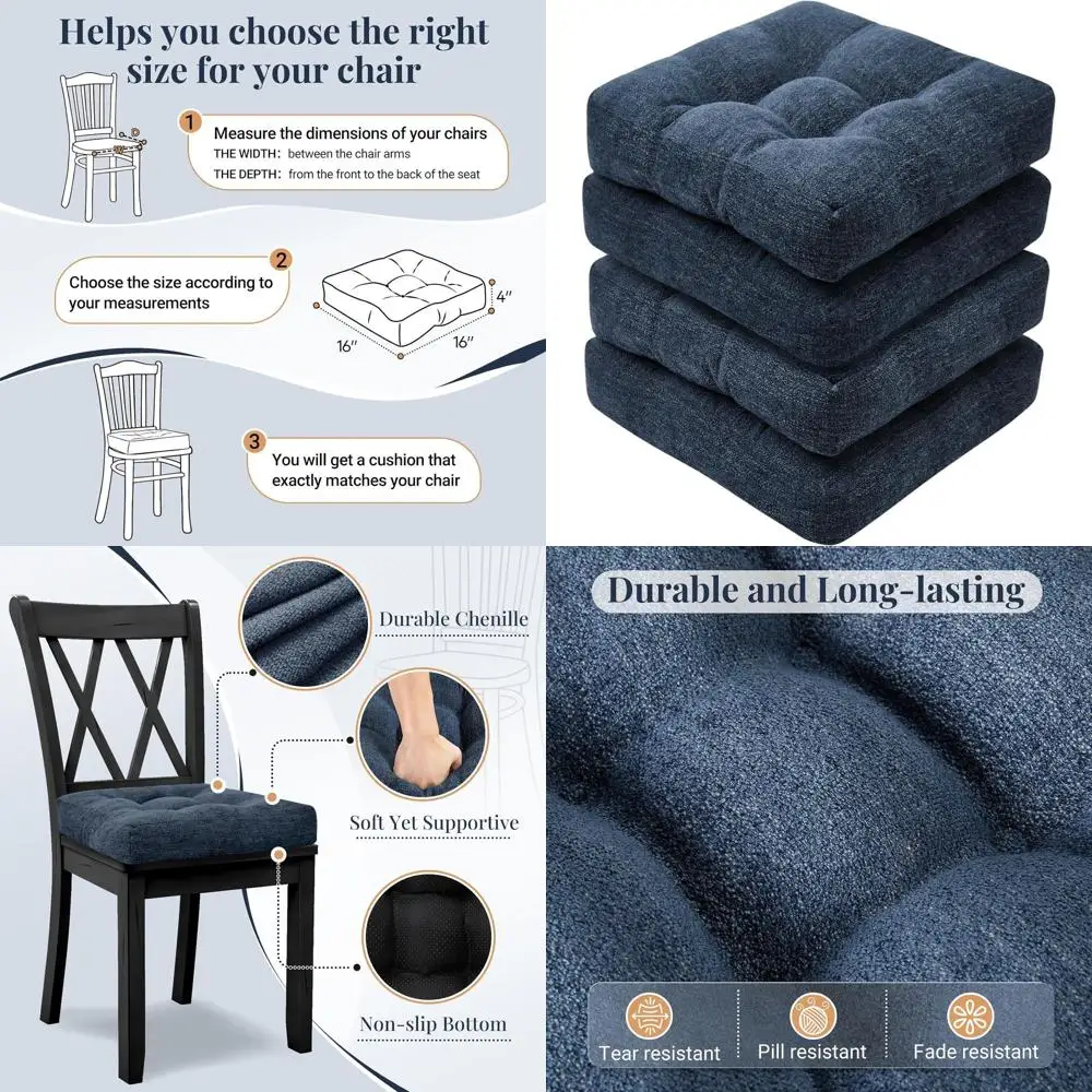 

Set of 4 Non-Slip Thick Seat Cushions, 16 x 16 x 4, Navy for Dining and Kitchen Chairs
