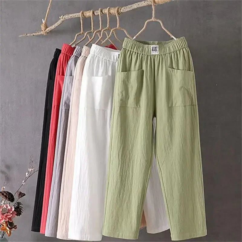 Women Loose Casual Pocket Cotton Linen Long Straight Pants Cropped Harlan Pants