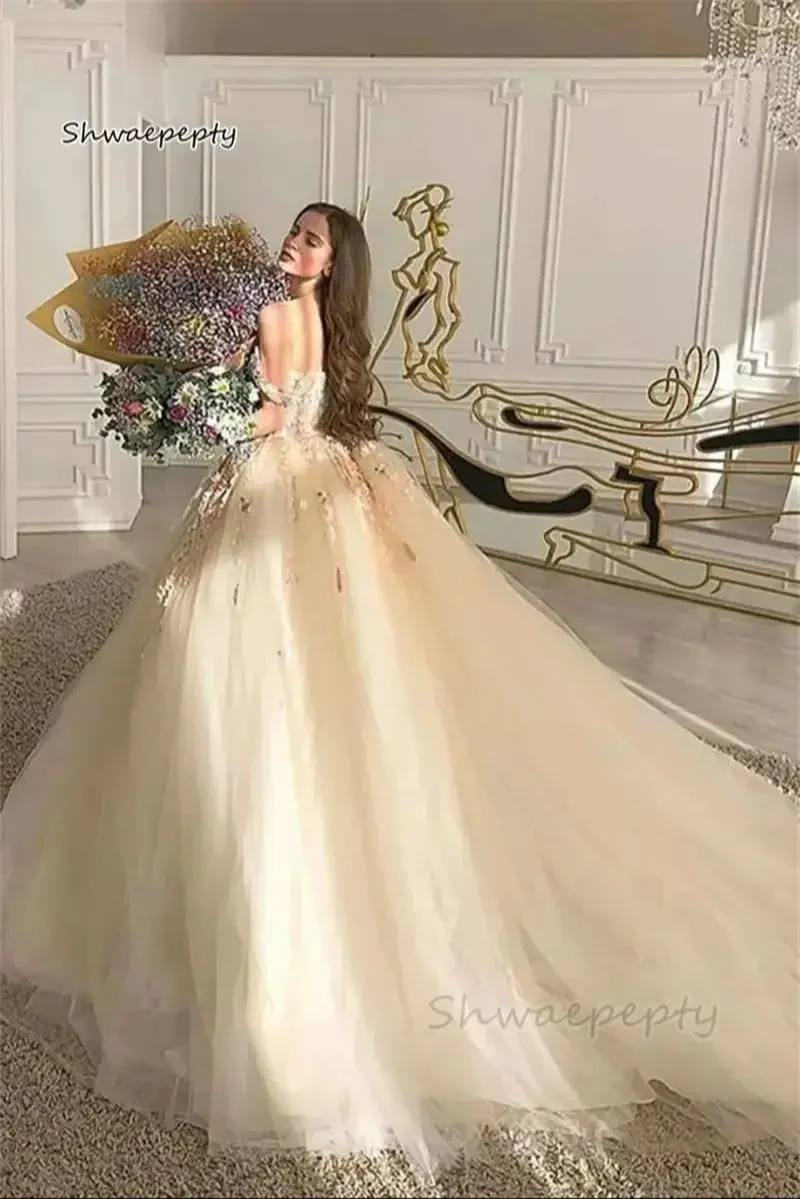 Fairytale 3D Floral Lace Wedding Dress off Shoulder Champagne Princess Bridal Gown Outdoor Garden Vestido de Novia Customized