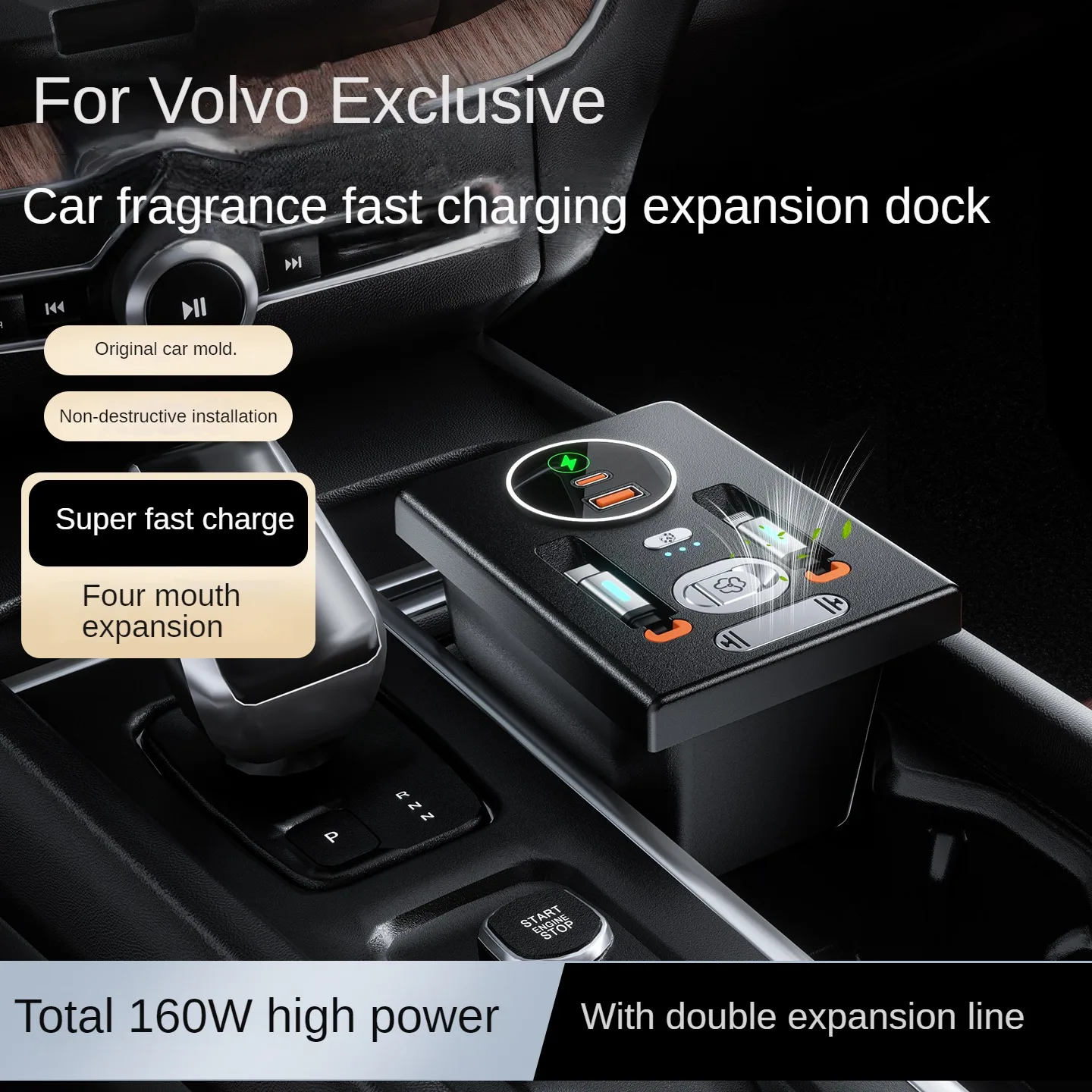 

2026 For Volvo XC60 Car Fast Charger 130W Splitter Docking Station USB Converter With Car Air Freshener Car Perfume