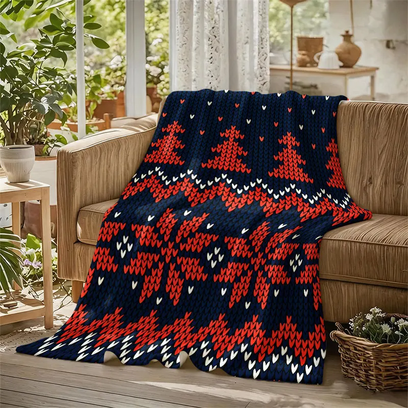 Knit Heart Christmas Print Flannel Blanket Warm Soft Halloween Christmas Decorative Couch Warm Cozy All-Season Gift
