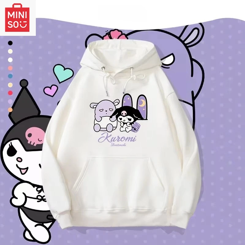 

MINISO collaborates with Sanrio Kuromi to create a printed hooded, loose, cartoonish, multi-functional, casual and cute girl