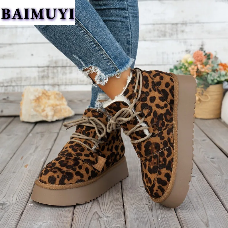 Leopard Women Platform Flats Snow Ankle Boots Suede Warm Shoes Winter 2025 New Short Plush Chelsea Boots Casual Sport Booties