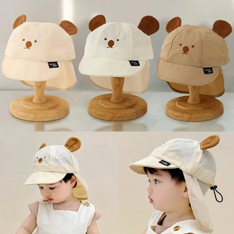 Cartoon Bear Quick-dry Baby Hat Adjustable Wide Brim UV Protection Kids Sun Hat for 2-5Y Baby Outdoor Neck Coverage Beach Cap