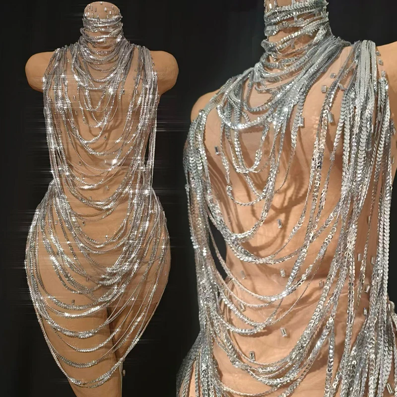 

Серебряное вечернее платье без рукавов 2026 для выступлений, одежда для певиц, наряд для взрослых на вечеринку в ночном клубе/баре, женский сексуальный костюм для шоу VDL5397