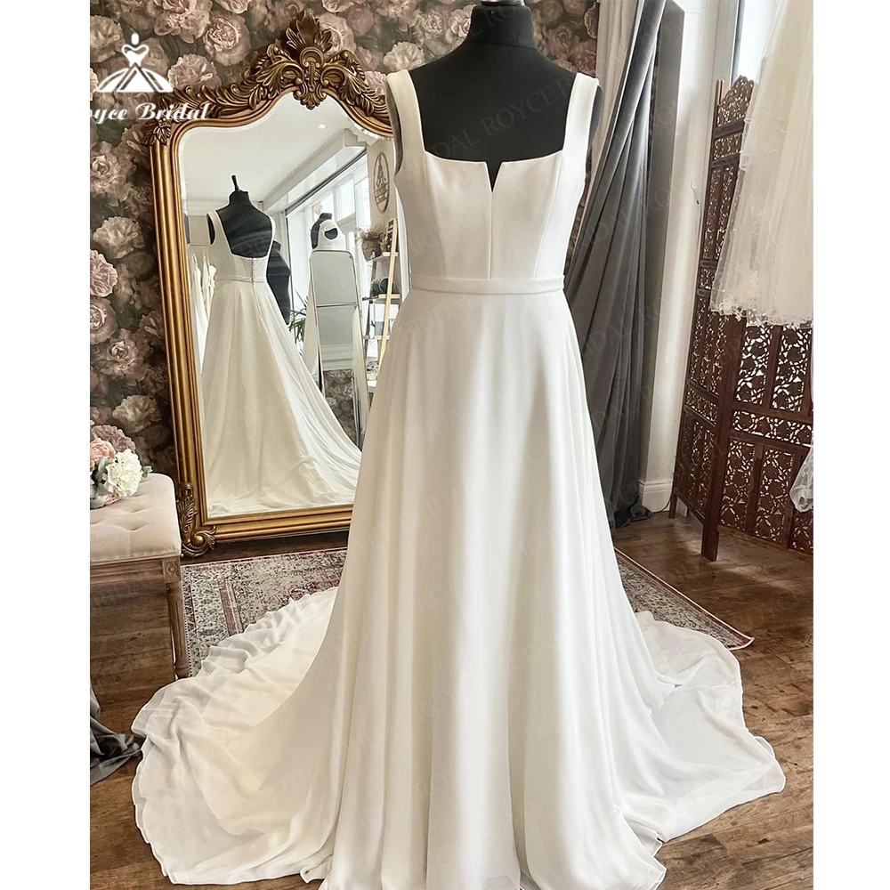 

Roycebridal простое креповое атласное свадебное платье трапециевидной формы для женщин с квадратным воротником, свадебное платье со шлейфом, индивидуальное платье Vestidos De Novia