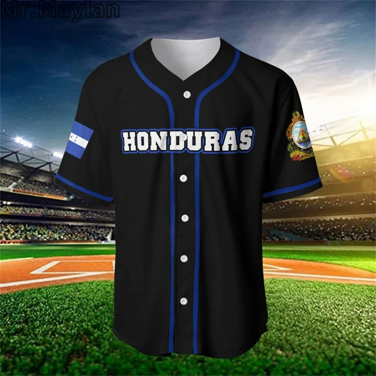 Custom Name Honduras Skull Black Blue Baseball Tee Jersey Shirt Printed 3D Summer Shirt Men's Tops Tee Oversized Streetwear