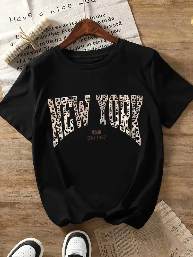 New York Pattern Printed Leopard Print Letter Design Women's Short Sleeve Round Neck T-Shirt Four Seasons Versatile Top 100%