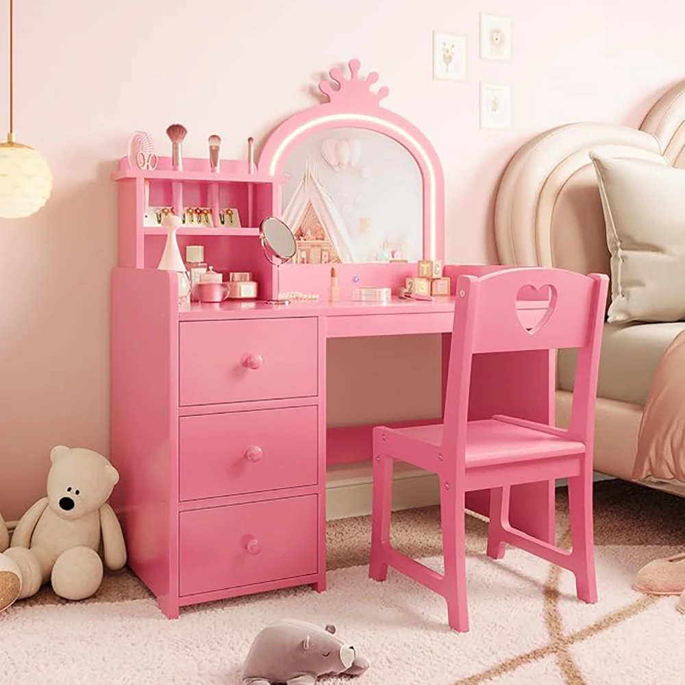 Kinderkaptafel met spiegel en verlichting, wit prinsessen houten make-uptafel, opbergplanken en laden, 2-in-1 meisjes kaptafel - afbeelding 2
