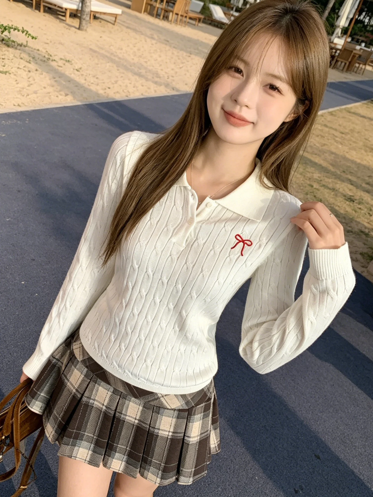 

Korean Embroidered Neck Long Sleeve Knitted Sweater Women's Slim Fit Base Layer Top Initial Autumn New Style