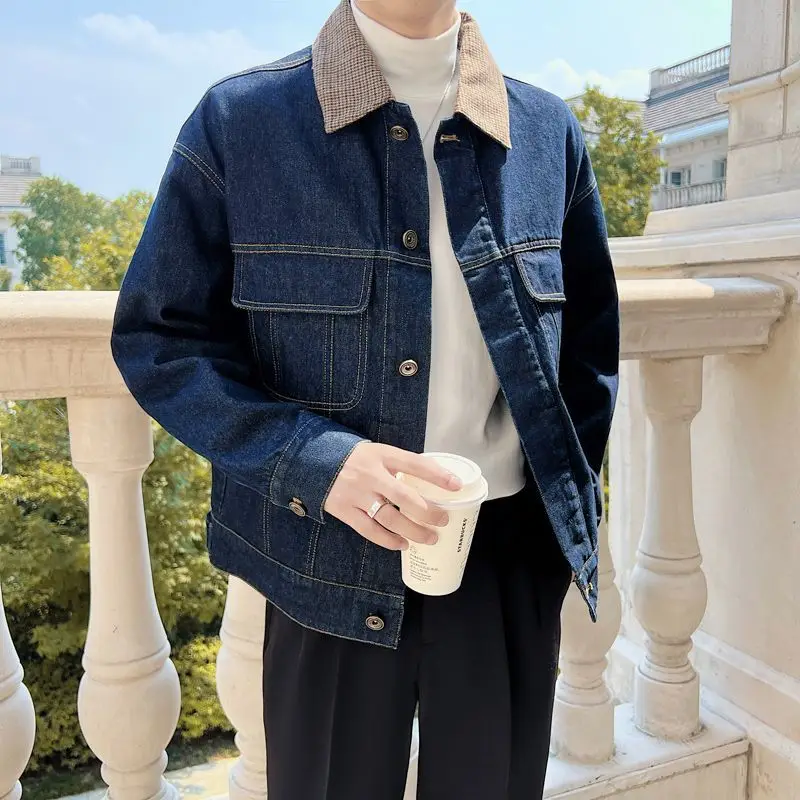 

GELITAYIN Male Jean Coats Cotton Blue Autumn Men's Denim Jacket Cowgirl Original Korea Worn Clothing Designer Aesthetic Joker Lo