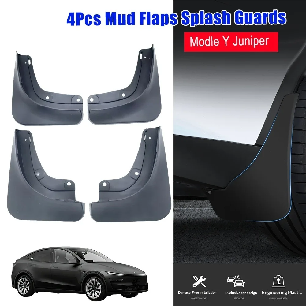 Splash Guards Mud Flaps 4 Pcs Soft Rubber for Tesla Model Y / Y Juniper Waterproof Anti Splash No Drill Paint Safe Accessories