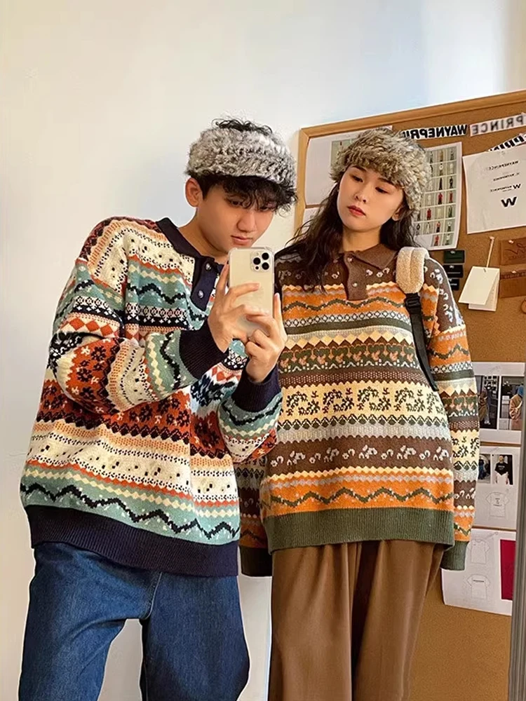

Thiened Fair Isle вязаный свитер мужской осень-зима ленивый Sle национальный тренд верхняя одежда для пар повседневная свободная посадка
