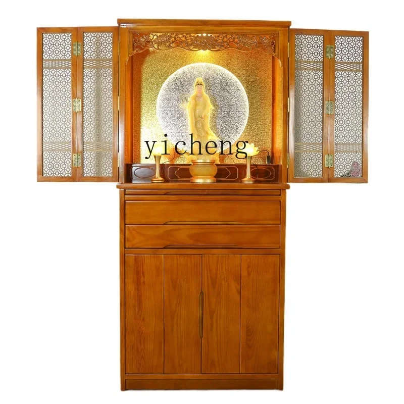 

ZK solid wood Buddhist shrine for table vertical cabinet for household worship God of Wealth table cabinet with door shrine