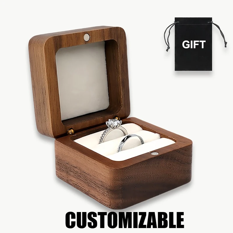 

Personalized Walnut Wood Ring Box Square Engraving Text Wooden Ring Holder Custom Jewelry Case Proposal Wedding Engagement