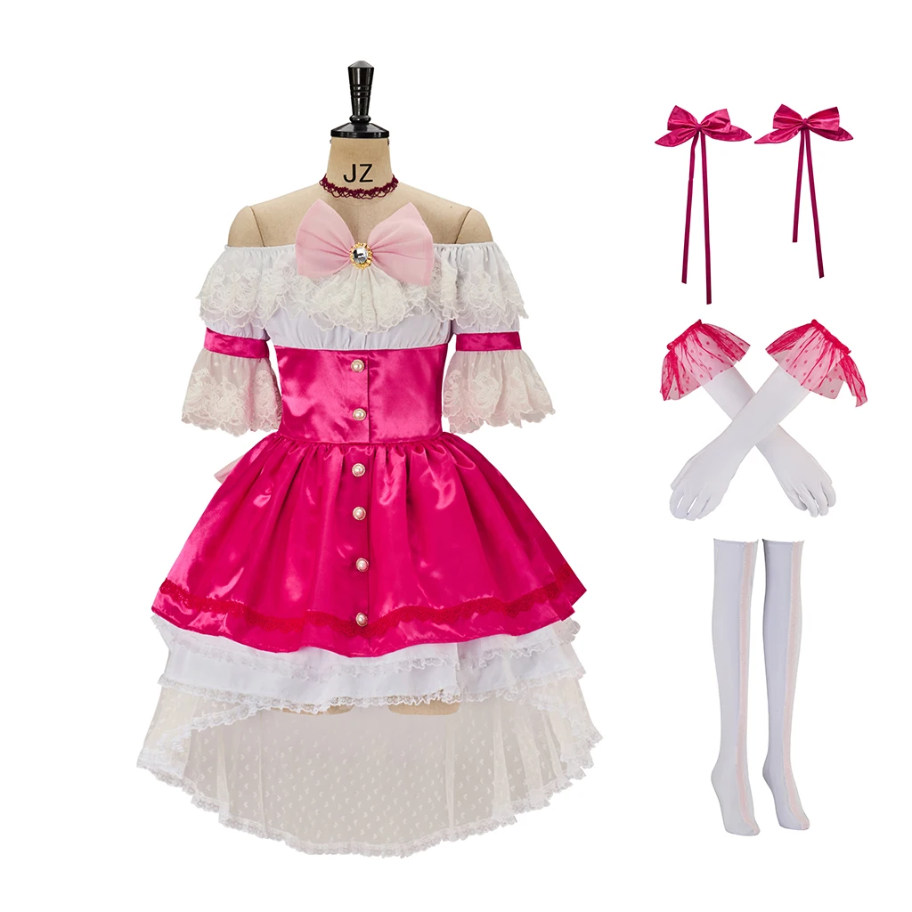 

Madoka Kaname Cosplay Costume Women's Pink Lolita Dress with Gloves Stocks Halloween Carnival Stage Princess Outfit