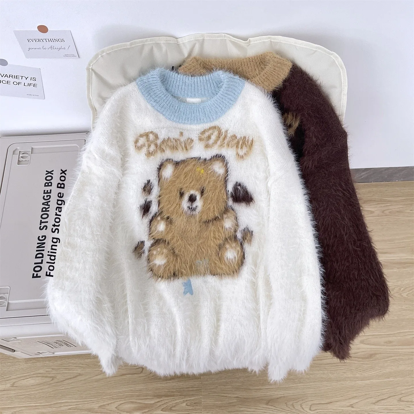 

Thiened Cartoon Bear Knitted Sweater round Ne Soft Lazy Mink Imitation Spring Autumn Winter ex Knitwear Warmth