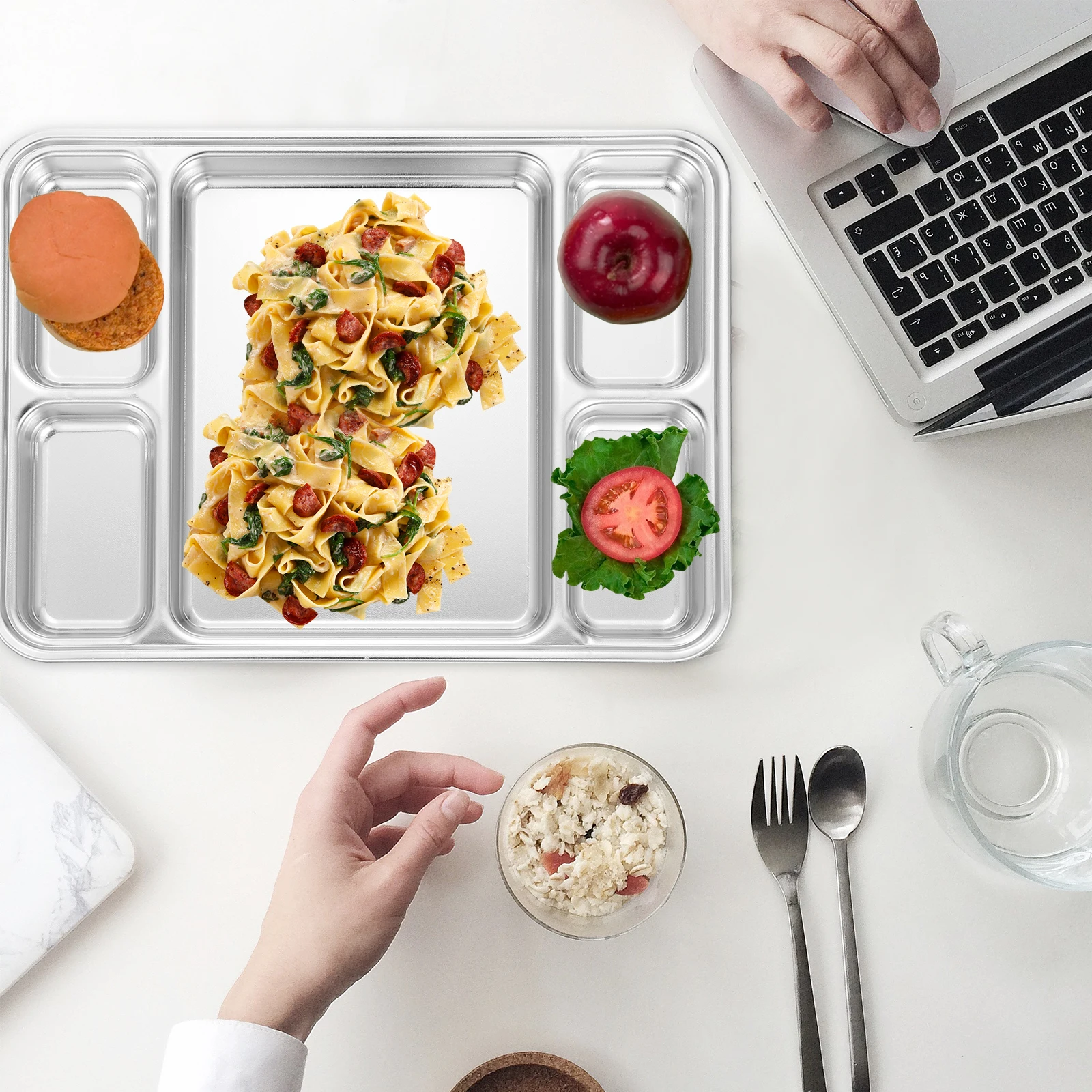 

1pc Stainless Steel Divided Plate Household Food Storage Breakfast Serving Dish Multiple Compartments Meal Portion Control