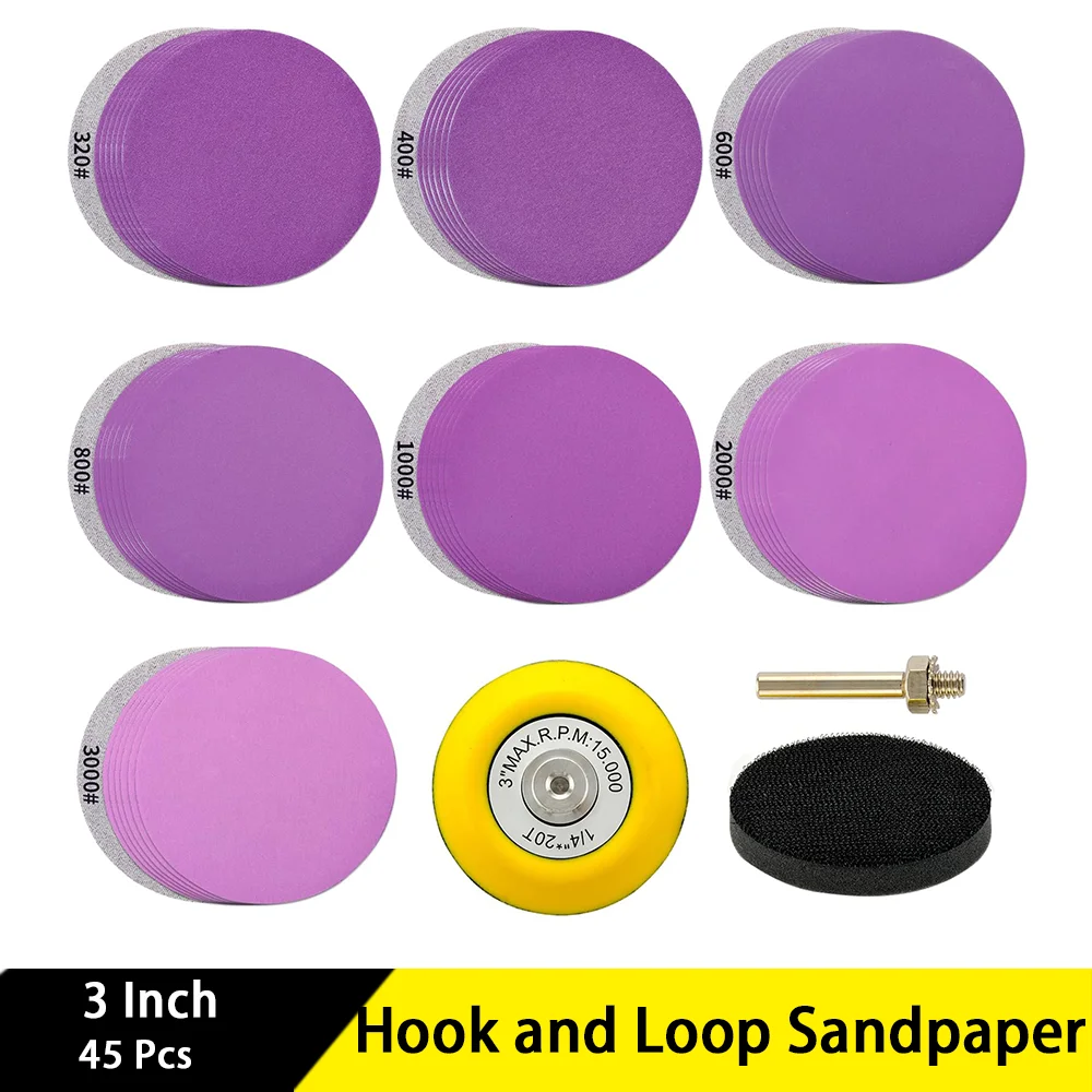 

3 Inch Purple Hook and Loop Sandpaper 45 Pcs with 1/4 Shank Backing Plate and Interface Pad for Polishing and Sanding Wood