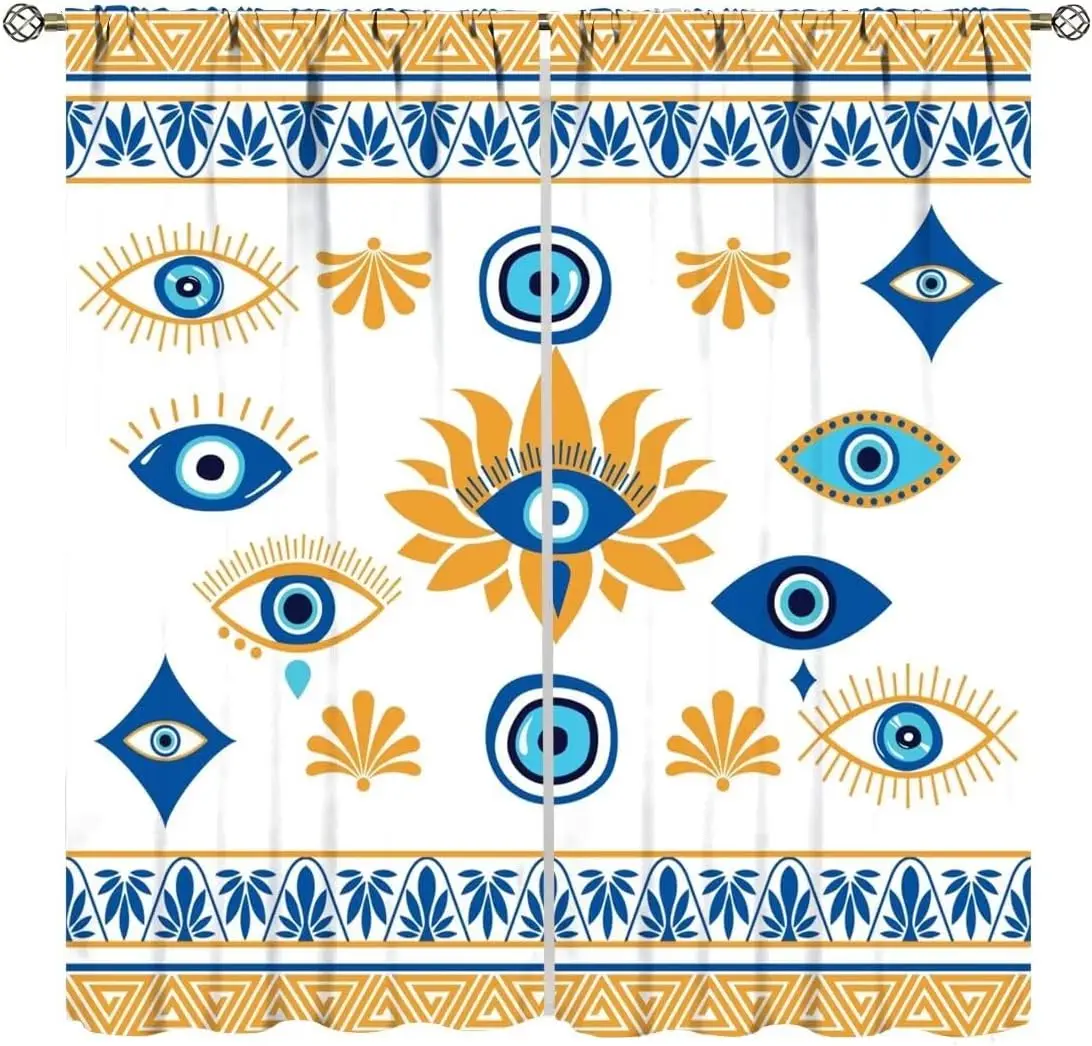 Evil Eye Window Curtains,Boho Hippy Blue and Yellow Occult Symbol Print Semi Blackout Window Treatments for Living Room Bedroom