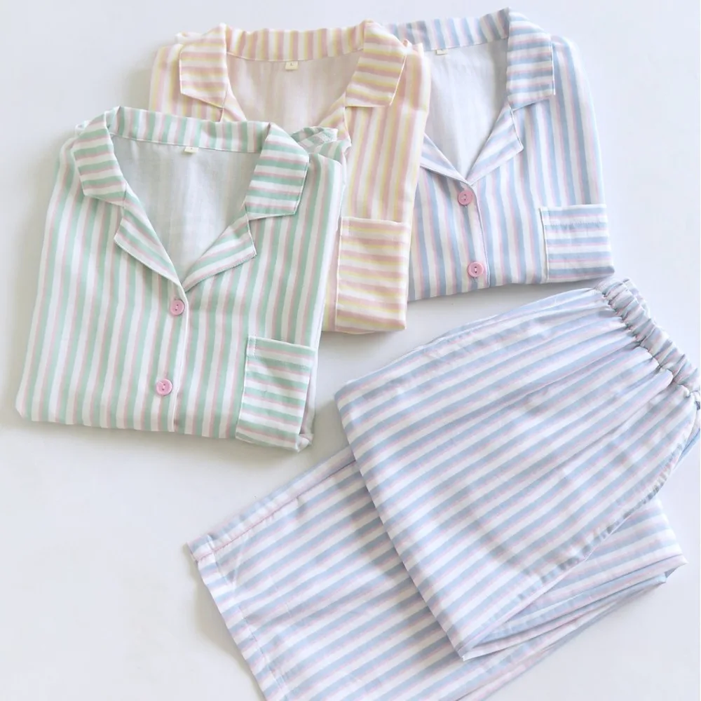 Striped Print Cotton Pajamas Woman Homewear Thin Casual 2 Piece Home Wear Summer Short Sleeve Sleepwear Loungewear Nightwear 2