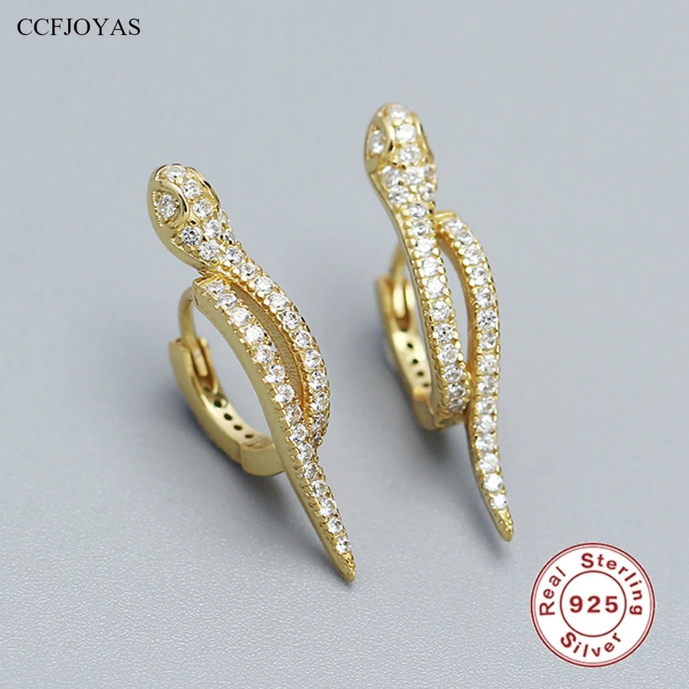 

CCFJOYAS Punk Rock Snake-shaped Full Zircon 100% 925 Sterling Silver Hoop Earrings for Women European and American Fine Jewelry