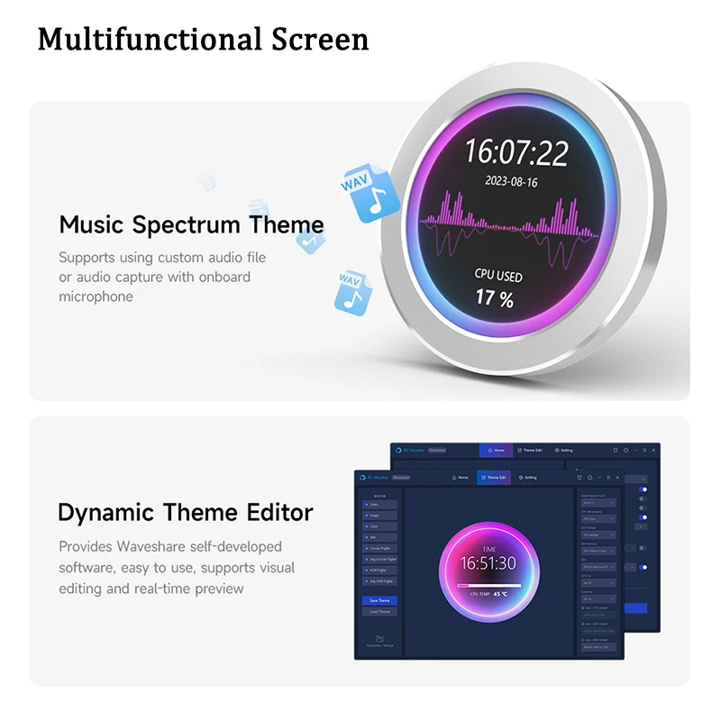 Monitor USB pendingin air 2.1/2.8 inci, layar LCD RGB CPU AIO dengan fungsi analisis spektrum musik dengan dudukan magnetik untuk PC