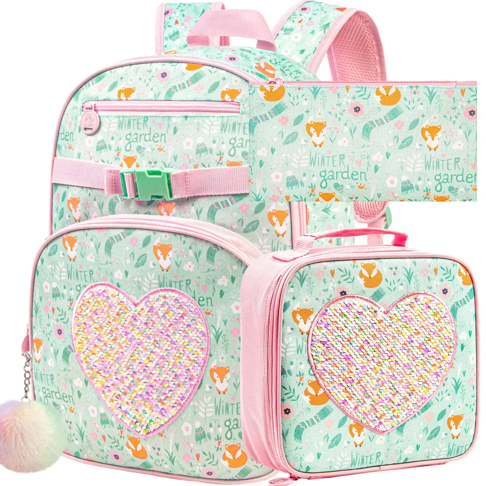 3PCS Kids Backpack for Girls, 16” Preschool Bookbag with Lunch Box, Cute Girl Sequin Backpacks for Elementary School